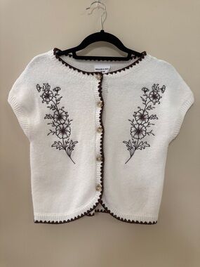 Cream Short-Sleeve Embroidered Cardigan